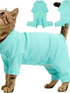 Light Blue Ribbed Zip-Up Onesie Cat Pajamas/ Surgical Suit Size Small